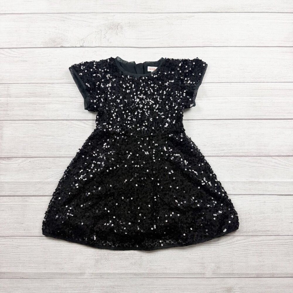 Cat & Jack Girls Sequin Dress Black Sparkly Party Dress Short Sleeve XS 4-5